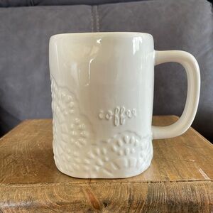 Rae Dunn “Coffee”Mug Beautiful Textured Flower Pattern and Raised Lettering NWOT